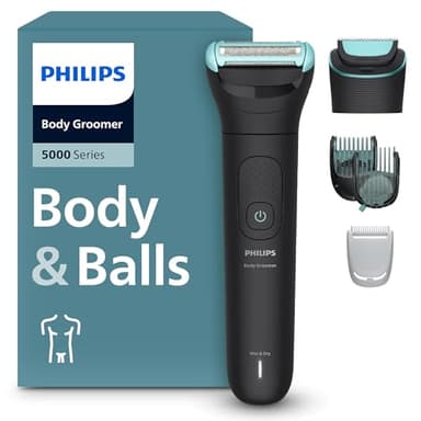 Philips Body Groomer 5000 Series - Tondeuse pour hommes avec système de rasage Triple Protect, coupe et rasage intimes, têtes interchangeables, 100 % étanche à la douche, autonomie de 100 min, modèle