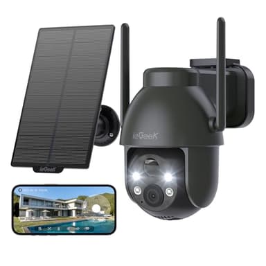 ieGeek Caméras de sécurité solaires sans fil pour extérieur, système de caméra WiFi 2.4G PTZ à 360° pour la surveillance extérieure de la maison, caméra alimentée par piles avec vision nocturne en