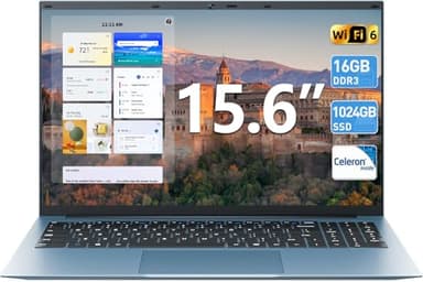 SGIN Ordinateur portable 15,6" avec Office 365, Win 11, 16 Go de RAM 1024 Go SSD, ordinateur portable, Celeron N5100 Quad-Core, angle ouvert de 180°, 7000 mAh, Type-C, HDMI, pour les entreprises et
