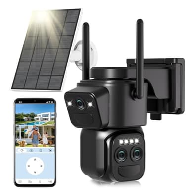Caméras de sécurité solaires 4K à triple objectif sans fil pour l'extérieur, 2,4/5 GHz WiFi caméra de surveillance extérieure avec capteur de mouvement intelligent, vision nocturne en couleur, PTZ à