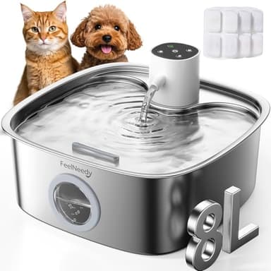 Fontaine à eau sans fil pour chat en acier inoxydable, fontaine à eau pour chien FEELNEEDY, fontaine à eau pour animaux de 8 L/270 oz avec batterie 5000 mAh fonctionnant avec 3 capteurs de mouvement