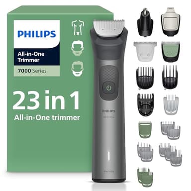 Philips Multigroom Série 7000 Tondeuse tout-en-un 23 pièces – Rasoir et tondeuse pour le visage, la tête et le corps, lames entièrement métalliques auto-affûtées, 24 réglages de longueur (0,5-16 mm