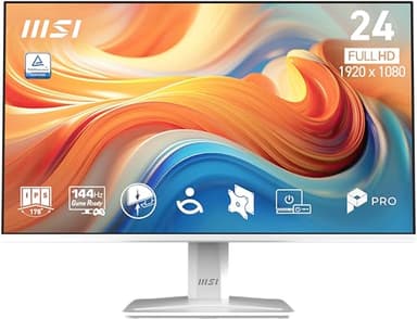 MSI PRO MP243W E14 Écran d'ordinateur IPS 24" 1920 x 1080 (FHD), 144 Hz, synchronisation adaptative, prêt HDR, HDMI, port d'affichage, montage VESA, inclinable, lunette fine à 4 côtés, 1 ms, blanc