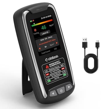LifeBasis Détecteur de radon avec écran couleur TFT, moniteur de radon portable pour la maison, testeur de radon rechargeable, stockage de données longues avec alarme visuelle et sonore, affichage des