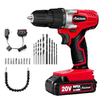 AVID POWER Kit de perceuse/visseuse électrique sans fil 20 V MAX avec batterie et chargeur, mandrin sans clé de 3/8", vitesse variable, 16 positions et 22 forets (rouge)