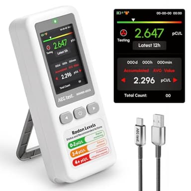 AEGTEST HOUND-1011S Détecteur de radon portable, capteur de haute précision pour la maison, léger, alarmes sonores et visuelles, surveillance à long terme, testeur de radon facile à utiliser en pCi/L