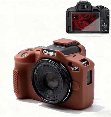 Frevyve Coque pour appareil photo Canon EOS R50 - Coque de protection en silicone souple - Anti-rayures - Avec accessoires de protection d'écran - Marron