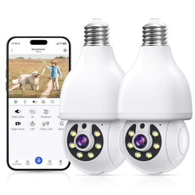Lot de 2 ampoules de sécurité d'extérieur sans fil 5 g/2,4 GHz WiFi, caméra de surveillance HD 2K avec vision nocturne en couleur, communication bidirectionnelle, détecteur de mouvement humain, caméra