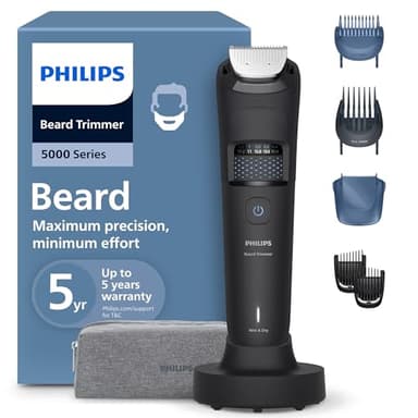 Philips Tondeuse à barbe série 5000 – Lames métalliques auto-affûtées, 40 réglages de verrouillage, technologie BeardSense, collecteur de cheveux, 100 % étanche, peigne à décolorer, pochette de voyage