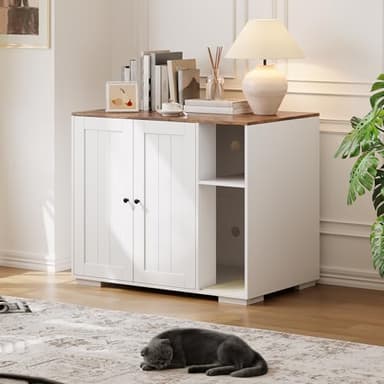 Large Cat Litter Box Enclosure Furniture, Dog-Proof Hidden Litter Robot Cabinet with Charging Station, Fits LitterRobot 3/4/5, Cat Washroom Storage Cabinet with Shelf, White