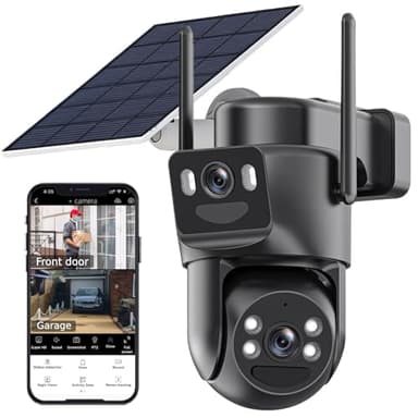 Caméras de sécurité solaires sans fil à double objectif, 2,4 G/5 G WiFi 6, vision panoramique à 360 °, caméra de surveillance extérieure avec vision nocturne couleur 6 MP/détection de mouvement/sirène