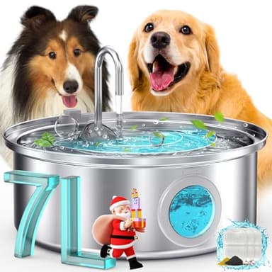 Fontaine à eau pour chien oneisall, 7L/2,3L/1,8G Fontaine à eau silencieuse pour chien, fontaine en acier inoxydable avec niveau d'eau visuel et triple filtration pour chiens de grande, moyenne et