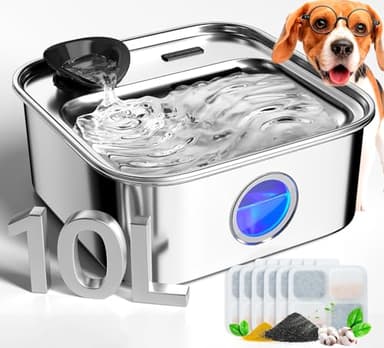 oneisall Fontaine à eau pour chien en acier inoxydable de 10 l avec aire de consommation plus profonde et filtre lavable, fontaine à eau ultra silencieuse pour chiens de petite, moyenne et grande