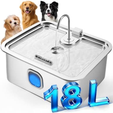 Fontaine à eau pour chiens de grande taille, 18 L en acier inoxydable avec plateau plus profond et plus large, distributeur automatique pour animaux de compagnie avec fenêtre visible pour plusieurs
