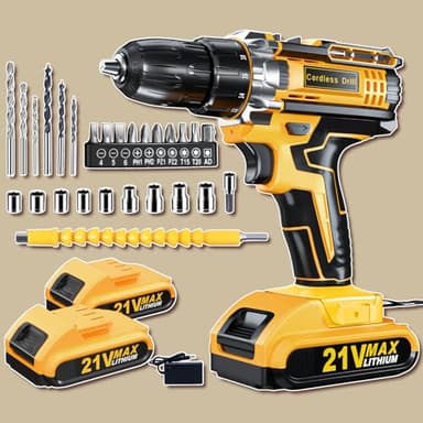 KELNOW Perceuse sans fil, ensemble de perceuses électriques 21 V, 2 tournevis électriques 2,0 Ah, perceuse électrique à 2 vitesses 42 Nm, couple 25 + 1, lumière LED, 29 accessoires pour bricolage