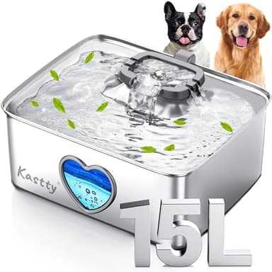 Kastty Fontaine à eau pour chien de 15 L, distributeur d'eau en acier inoxydable à filtration à 5 étapes, avec fenêtre d'eau et LED, fontaine à eau super silencieuse, parfaite pour les maisons