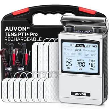 AUVON Machine TENS rechargeable EMS, stimulateur musculaire, unité TENS numérique avec 8 modes personnalisables, masseur électronique pour la sciatique, la douleur aux épaules et au dos, 12 électrodes