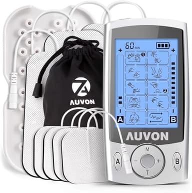 AUVON Appareil de stimulation musculaire TENS à double canal avec 20 modes, électrodes TENS de 2" et 2"x4"