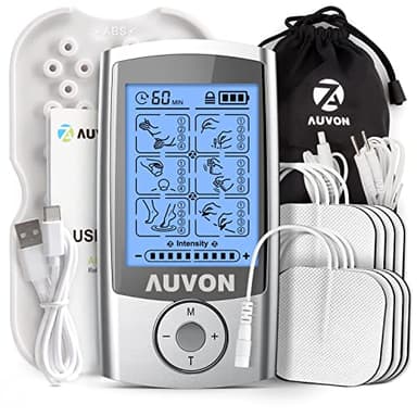 AUVON Appareil TENS rechargeable, 24 modes, unité TENS de 4e génération, stimulateur musculaire avec 8 électrodes de qualité supérieure de 5,1 x 5,1 cm pour soulager la douleur, les maux de dos, les