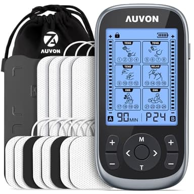 AUVON Appareil TENS 3 en 1, stimulateur musculaire TENS EMS avec 40 intensités pour l'épaule, la sciatique, le soulagement des douleurs dorsales, 24 modes de massage TENS rechargeable avec 12 coussinets TENS