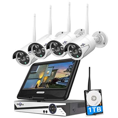 Hiseeu Système de caméra de sécurité sans fil avec écran LCD 2K de 10 pouces, 10 canaux 4 caméras d'intérieur et d'extérieur de 5 MP avec audio unidirectionnel, étanche, détection de mouvement