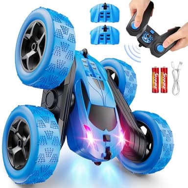 QUNREDA Voiture télécommandée pour enfants de 6 ans et plus, jouet de voiture de cascade RC 4 roues motrices double face avec rotation à 360°, phares, cadeau d’anniversaire Noël pour garçons 6 7 8 9
