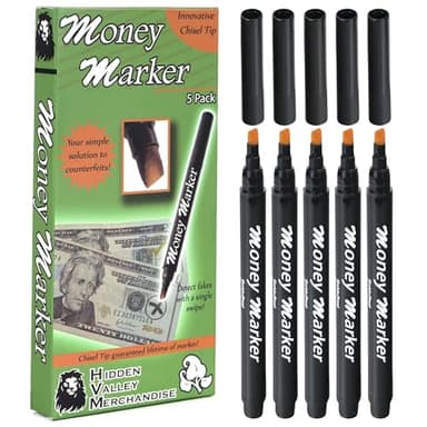 HVM Stylo détecteur de faux billets (5 stylos de contrefaçon) – Stylo détecteur de billets avec pointe biseautée améliorée – Détecte les faux billets, lot universel de vérificateur de faux billets