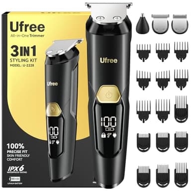 Ufree Tondeuse à barbe 3 en 1 pour homme, rasoir électrique pour moustache, corps, nez, poils du visage, tondeuse à cheveux professionnelle, tondeuse rechargeable, kit de toilettage de barbe étanche