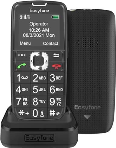 Easyfone Téléphone portable Prime-A6 4G, son clair facile à utiliser GSM avec station de chargement facile