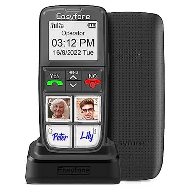 Easyfone T6 4G Téléphone portable senior le plus facile à utiliser | 4 grands boutons de numérotation d'image directe | son clair | bouton SOS | station de charge (noir)